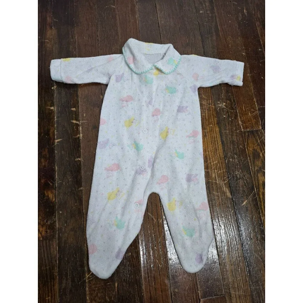Vintage 80s Pastel Kitty Cat Terry Cloth One Piece Baby Outfit